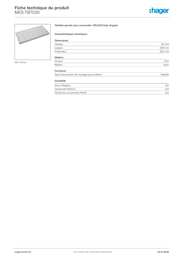 Image Hager Fiche technique du produit MES-TB7030 | Hager Suisse