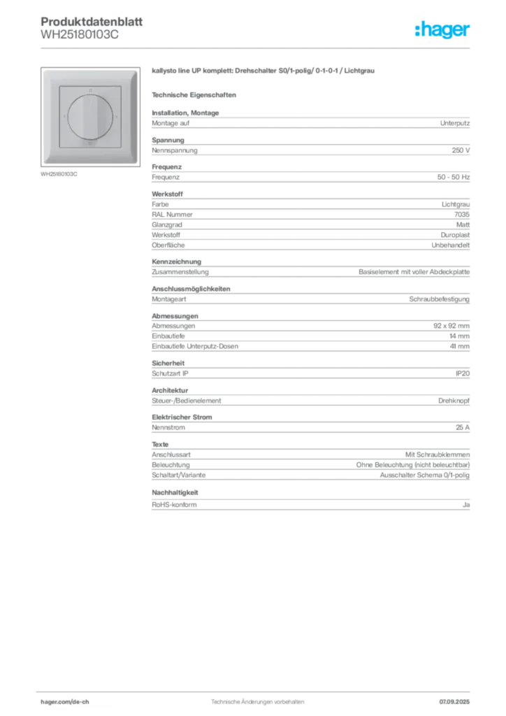 Bild Hager Produktdatenblatt WH25180103C | Hager Schweiz