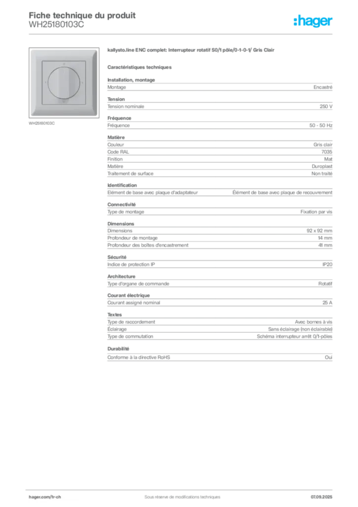Image Hager Fiche technique du produit WH25180103C | Hager Suisse