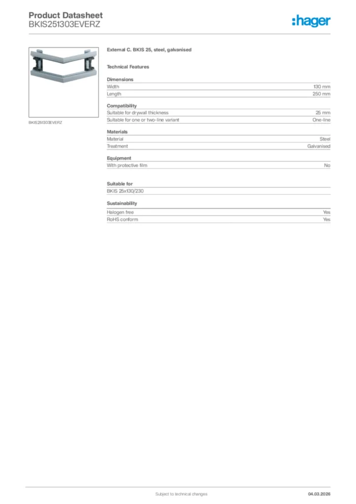 Image Hager Product data sheet BKIS251303EVERZ  | Hager Africa