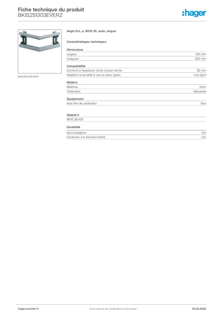 Image Hager Fiche technique du produit BKIS251303EVERZ | Hager Afrique
