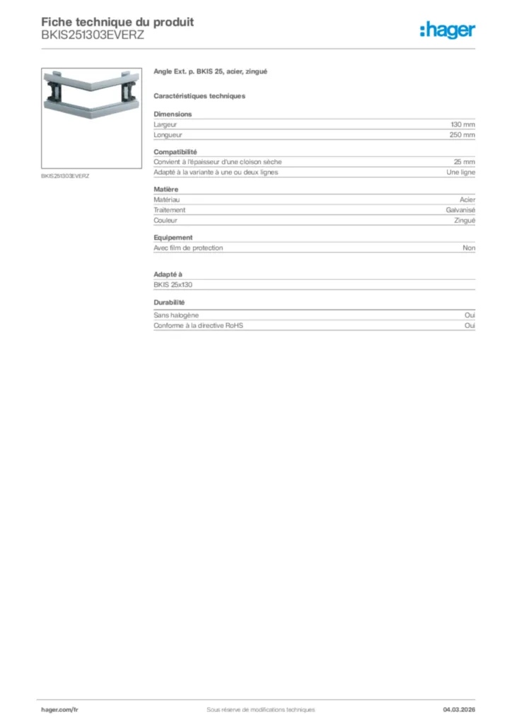 Image Hager Fiche technique du produit BKIS251303EVERZ | Hager France