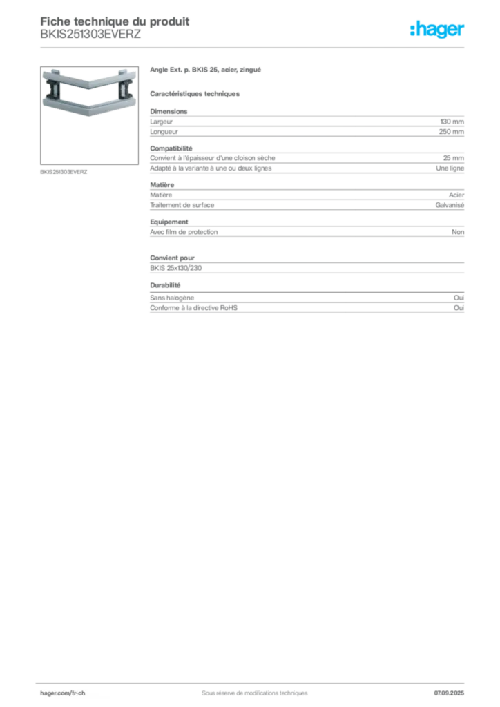 Image Hager Fiche technique du produit BKIS251303EVERZ | Hager Suisse
