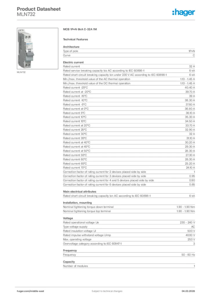 Image Hager Product data sheet MLN732  | Hager