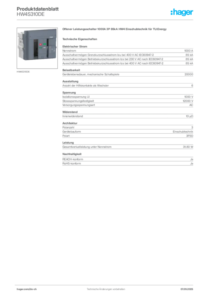 Bild Hager Produktdatenblatt HW4S310DE | Hager Schweiz
