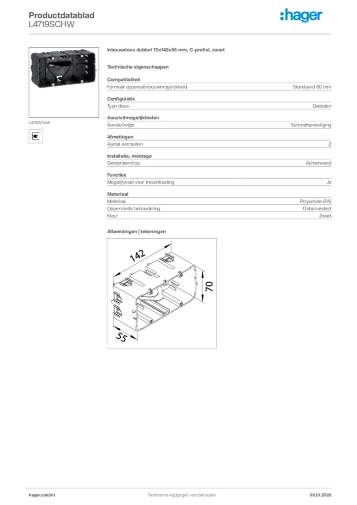 Afbeelding Hager Productdatablad L4719SCHW | Hager Nederland