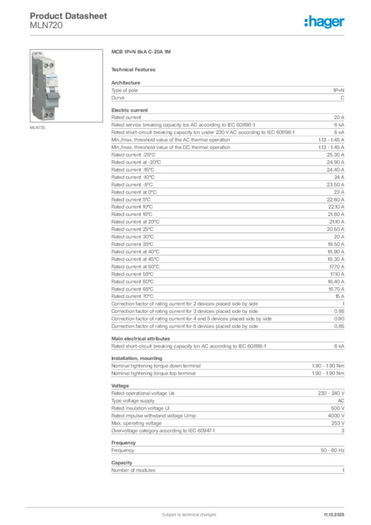 Image Hager Product data sheet MLN720  | Hager Africa