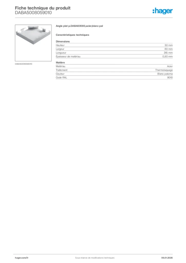 Image Hager Fiche technique du produit DABA5008059010 | Hager France