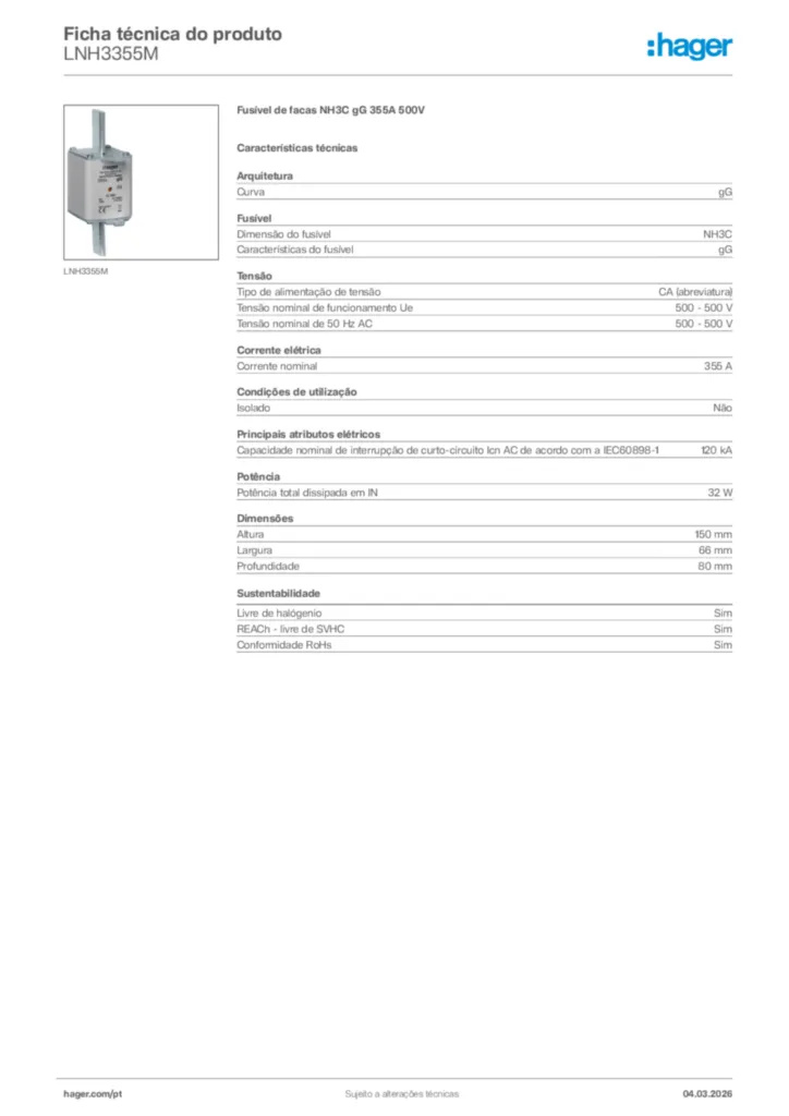Imagem Hager Ficha técnica do produto LNH3355M | Hager Portugal