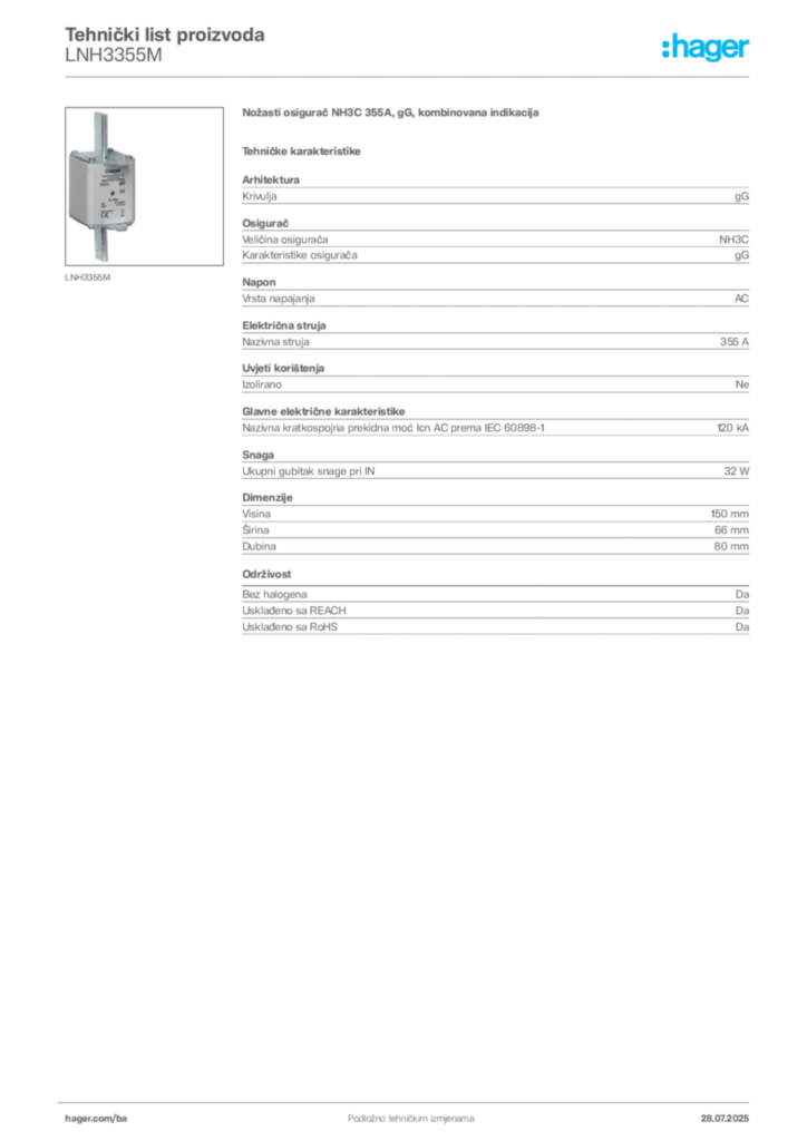 Slika Hager Product data sheet LNH3355M  | Hager