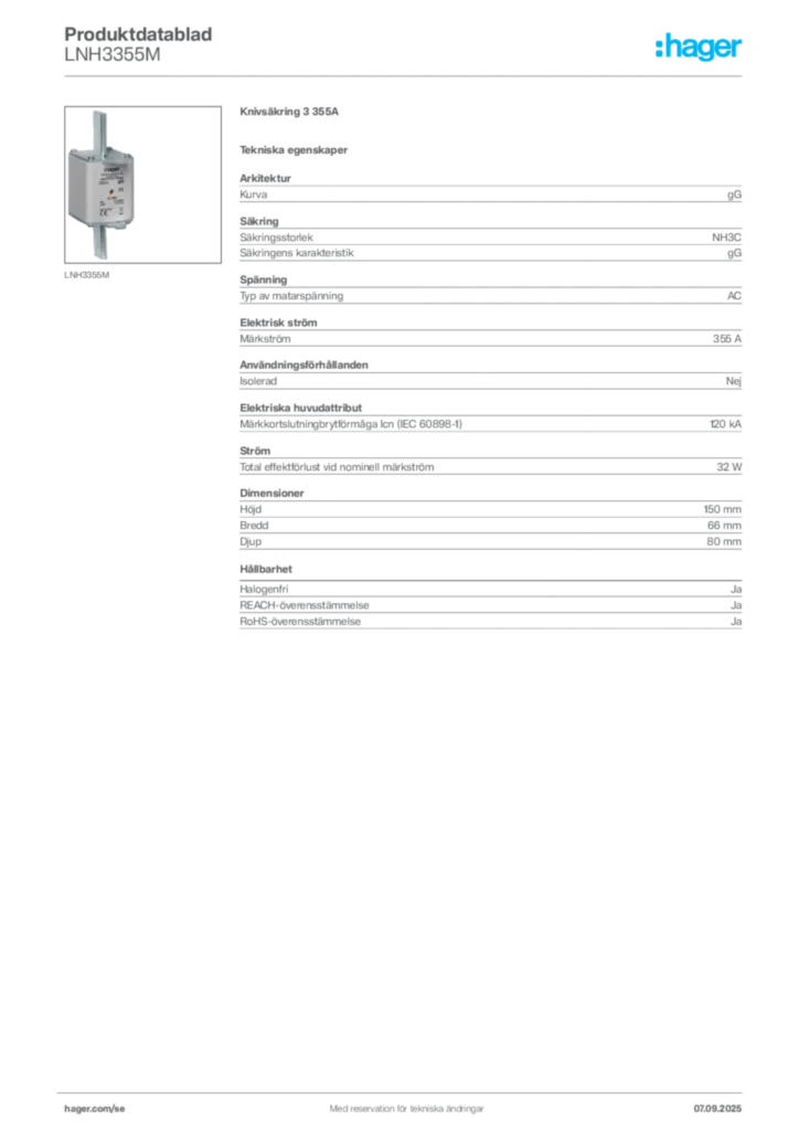 Bild Hager Produktdatablad LNH3355M | Hager Sverige