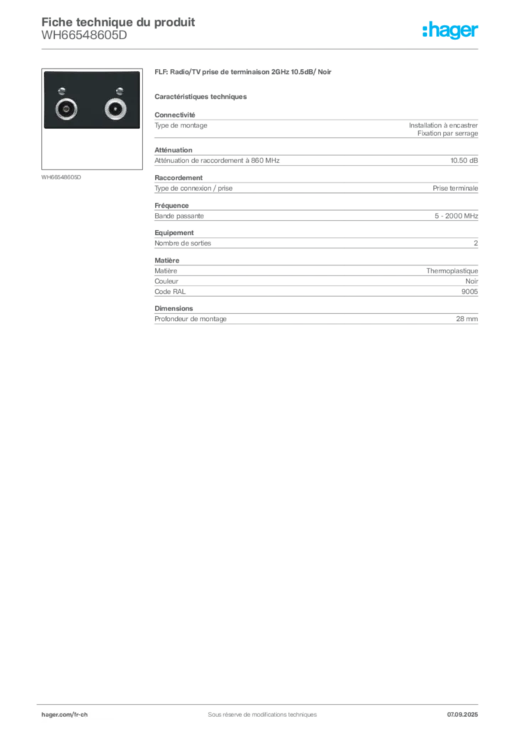 Image Hager Fiche technique du produit WH66548605D | Hager Suisse