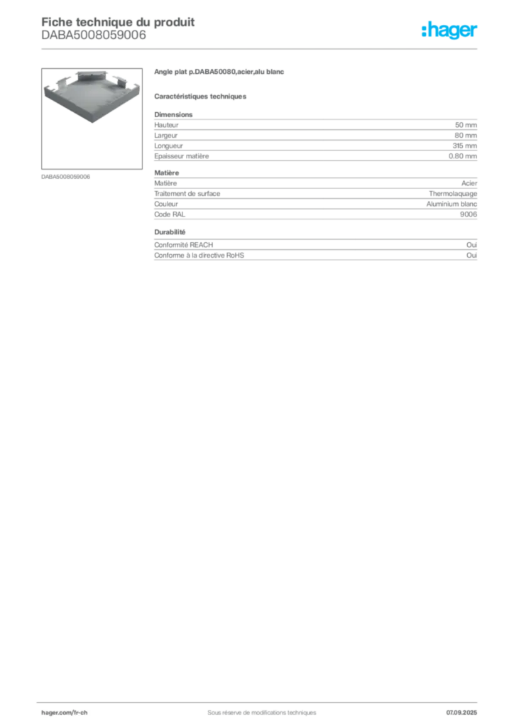 Image Hager Fiche technique du produit DABA5008059006 | Hager Suisse