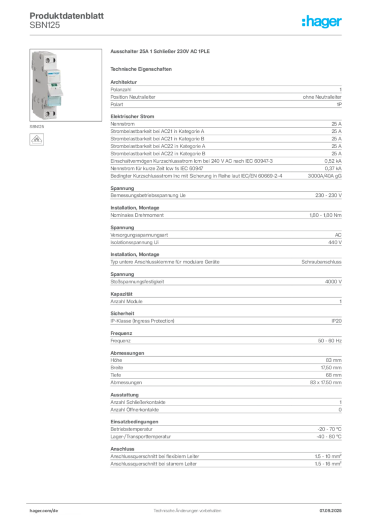 Bild Hager Produktdatenblatt SBN125 | Hager Deutschland