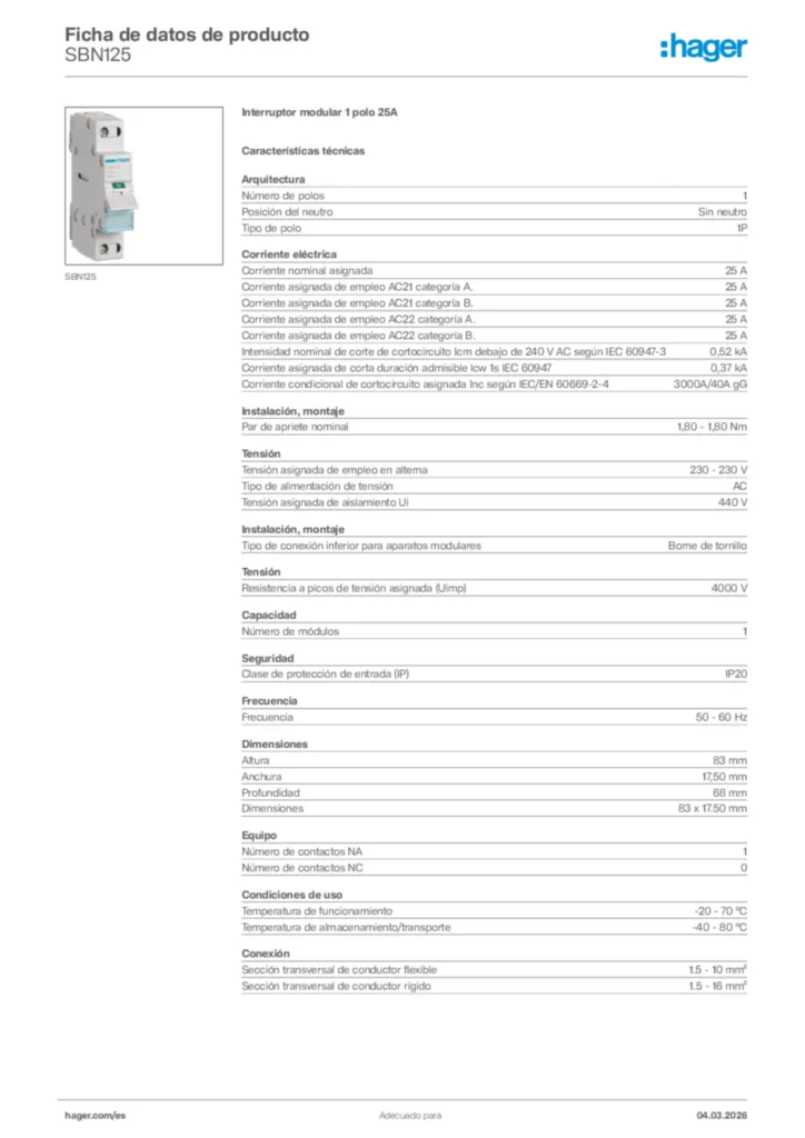 Imagen Hager Ficha de datos de producto SBN125 | Hager España