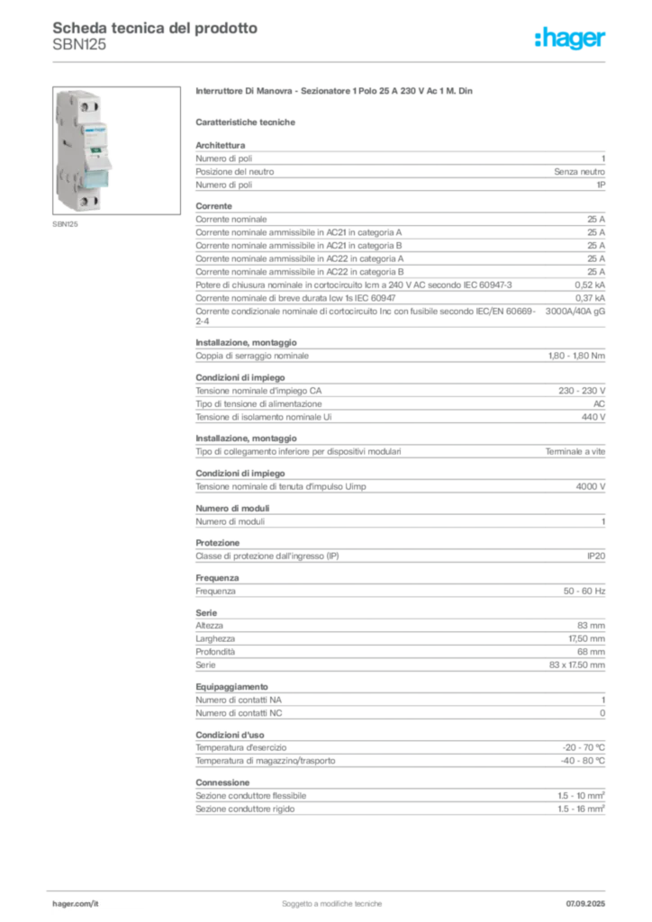 Immagine Hager Scheda tecnica del prodotto SBN125 | Hager Italia