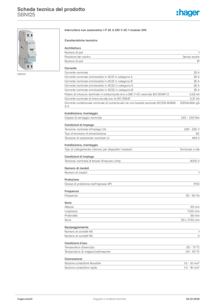 Immagine Hager Scheda tecnica del prodotto SBN125 | Hager Italia