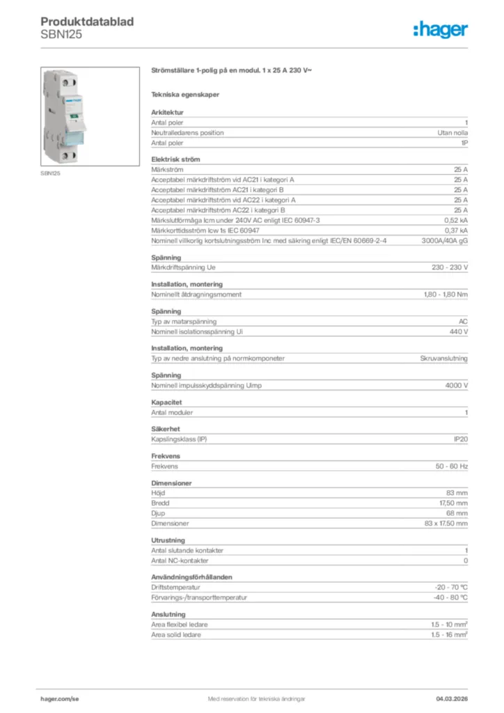 Bild Hager Produktdatablad SBN125 | Hager Sverige