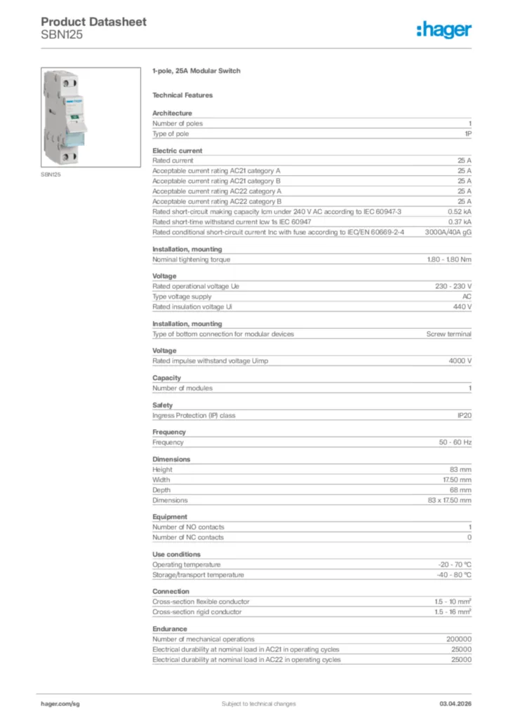 Image Hager Product data sheet SBN125  | Hager