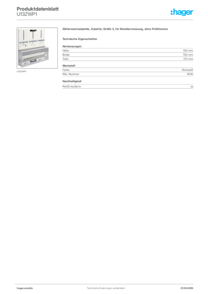 Bild Hager Produktdatenblatt U13ZWP1 | Hager Deutschland