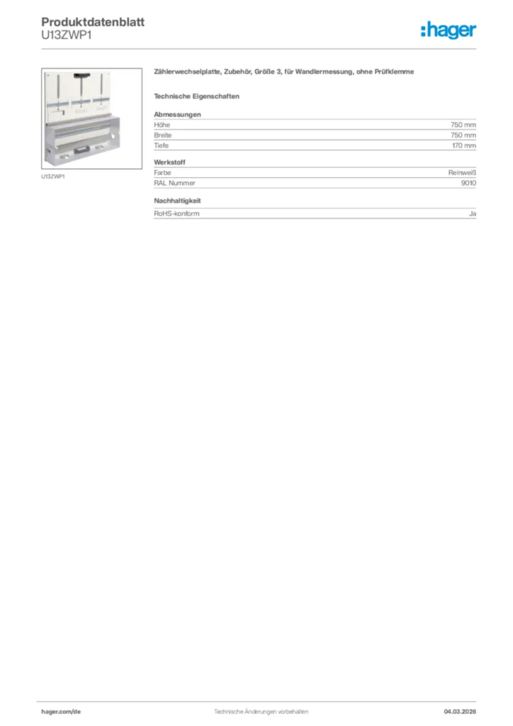 Bild Hager Produktdatenblatt U13ZWP1 | Hager Deutschland