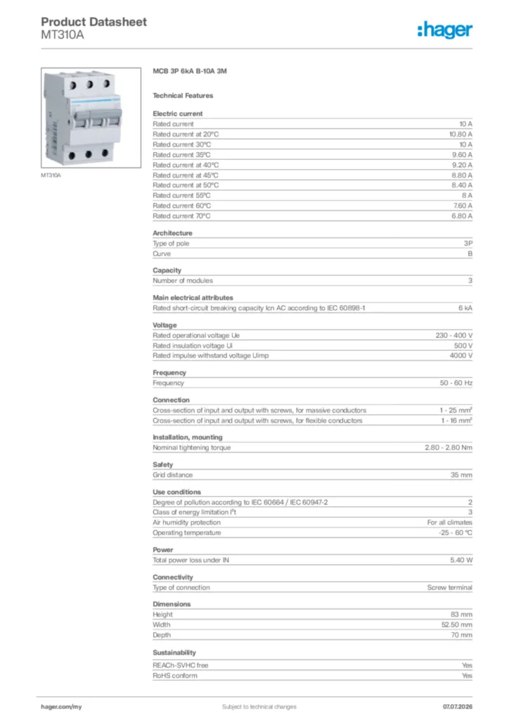 Image Hager Product data sheet MT310A  | Hager