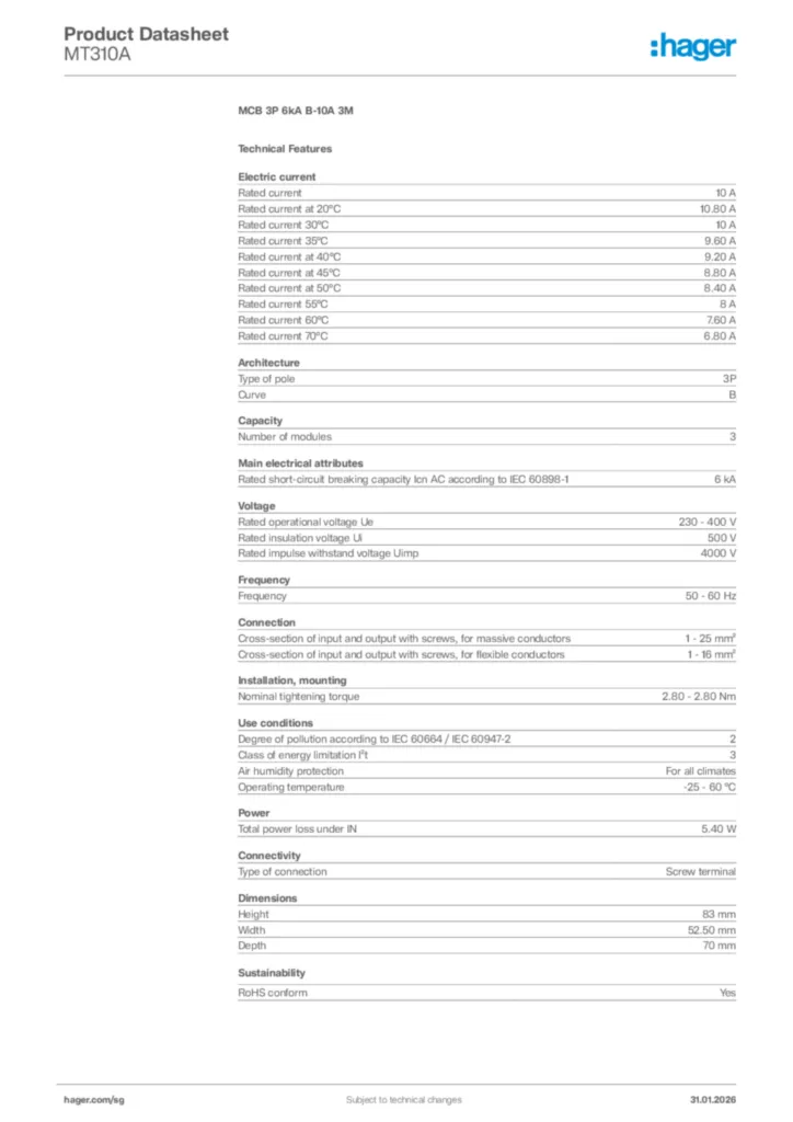 Image Hager Product data sheet MT310A  | Hager