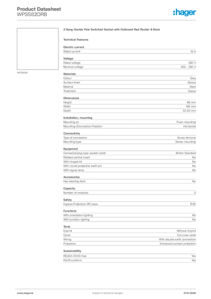Image Hager Product data sheet WPSS82ORB  | Hager