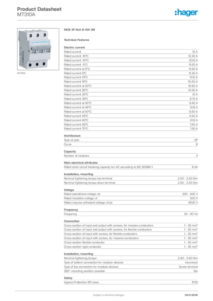Image Hager Product data sheet MT310A  | Hager Africa