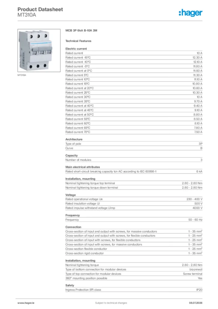 Image Hager Product data sheet MT310A  | Hager