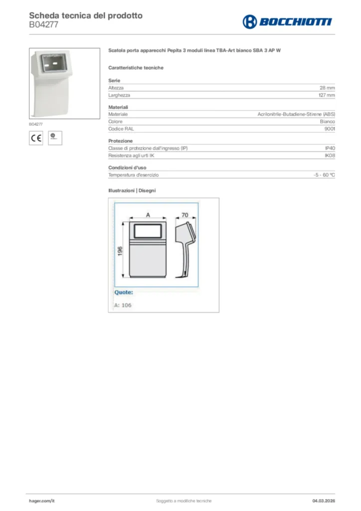 Immagine Bocchiotti Scheda tecnica del prodotto B04277 | Hager Italia