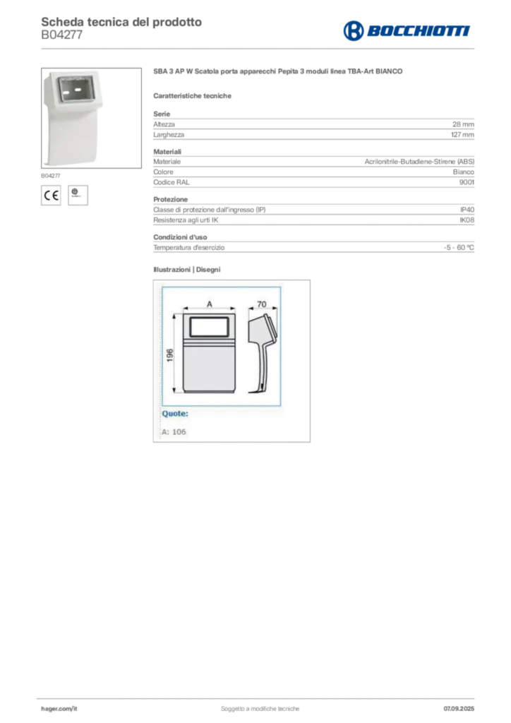 Immagine Bocchiotti Scheda tecnica del prodotto B04277 | Hager Italia