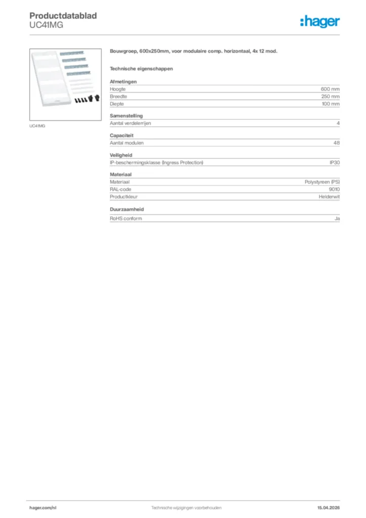 Afbeelding Hager Productdatablad UC41MG | Hager Nederland