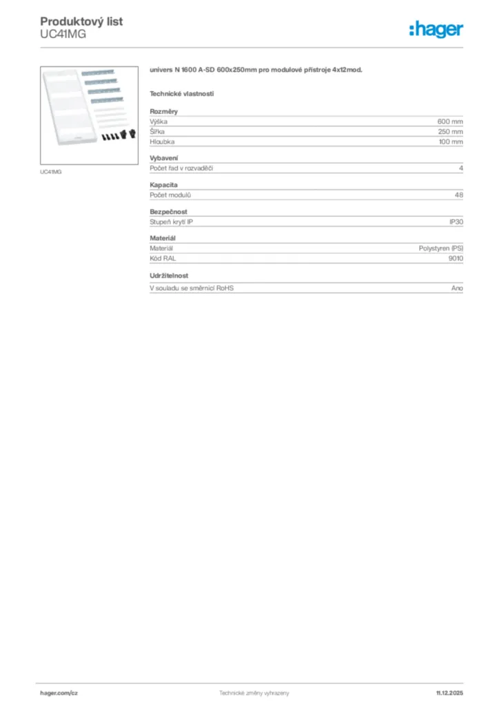 Obrázek Hager Produktový list UC41MG | Hager