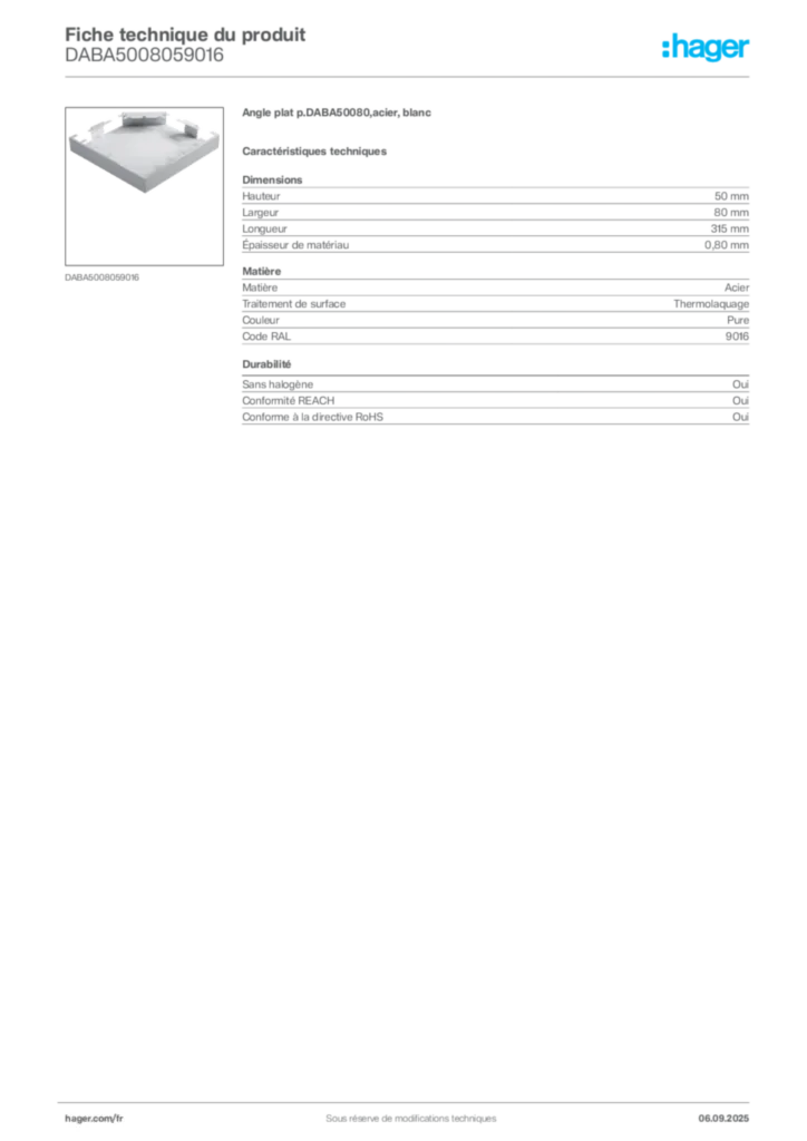 Image Hager Fiche technique du produit DABA5008059016 | Hager France