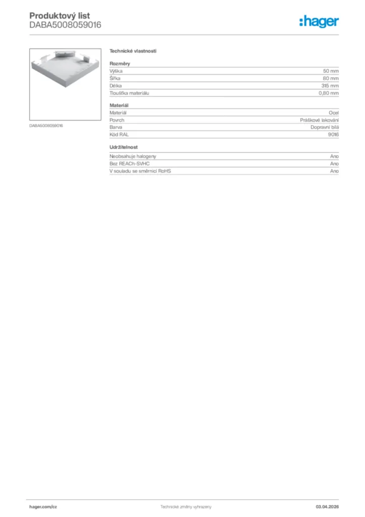 Obrázek Hager Product data sheet DABA5008059016 | Hager