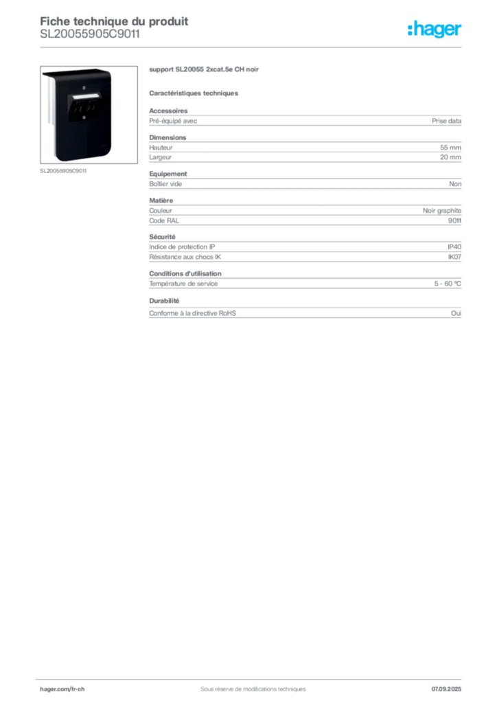 Image Hager Fiche technique du produit SL20055905C9011 | Hager Suisse