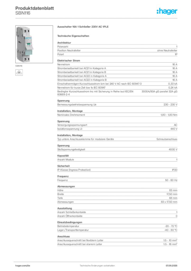 Hager Produktdatenblatt SBN116