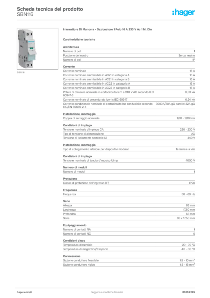 Immagine Hager Scheda tecnica del prodotto SBN116 | Hager Italia