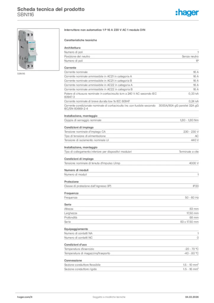 Immagine Hager Scheda tecnica del prodotto SBN116 | Hager Italia