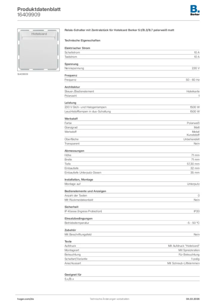 Bild Berker Produktdatenblatt 16409909 | Hager Deutschland