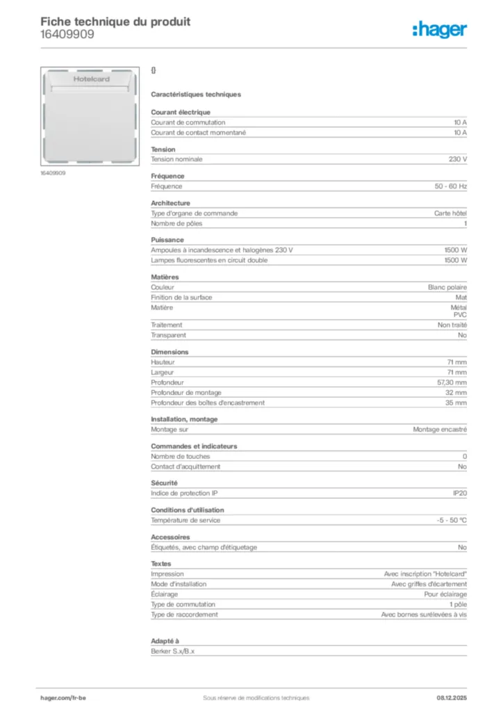 Image Hager Fiche technique du produit 16409909 | Hager Belgique