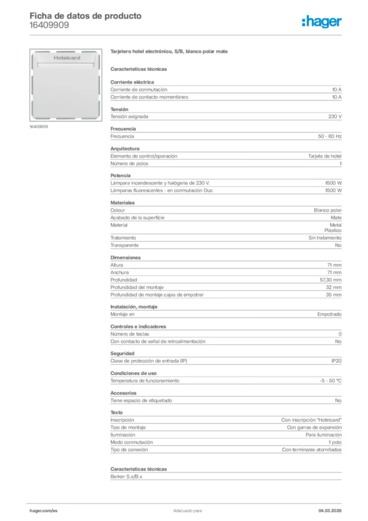 Imagen Hager Ficha de datos de producto 16409909 | Hager España