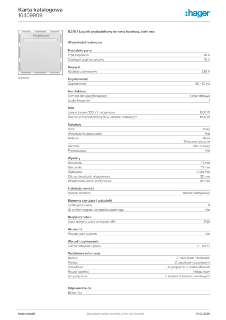 Zdjęcie Hager Karta katalogowa 16409909 | Hager Polska