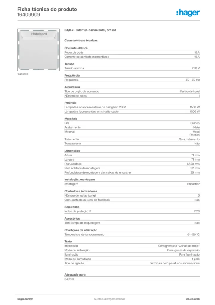 Imagem Hager Ficha técnica do produto 16409909 | Hager Portugal