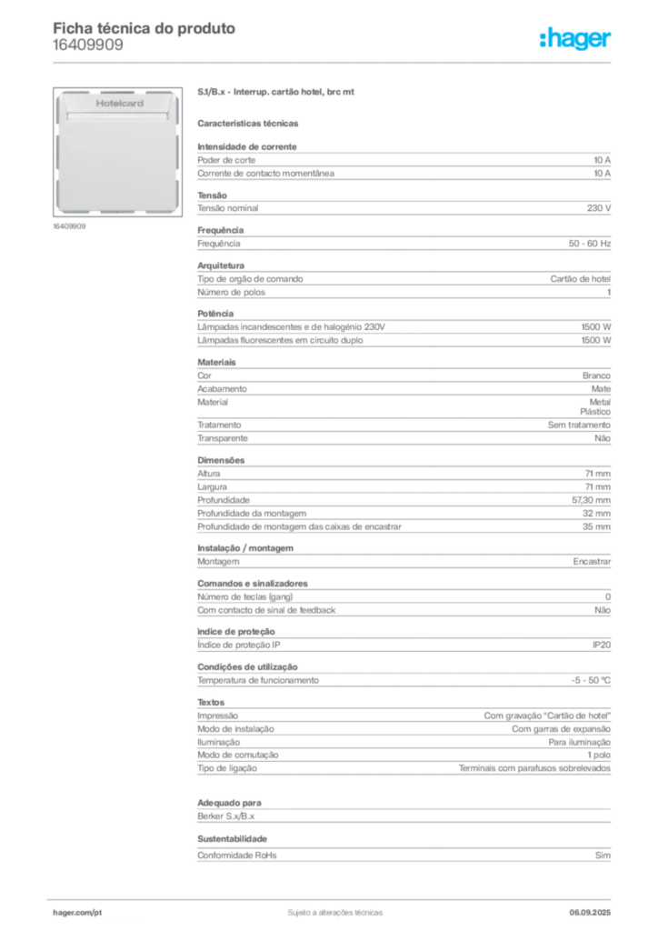 Imagem Hager Ficha técnica do produto 16409909 | Hager Portugal