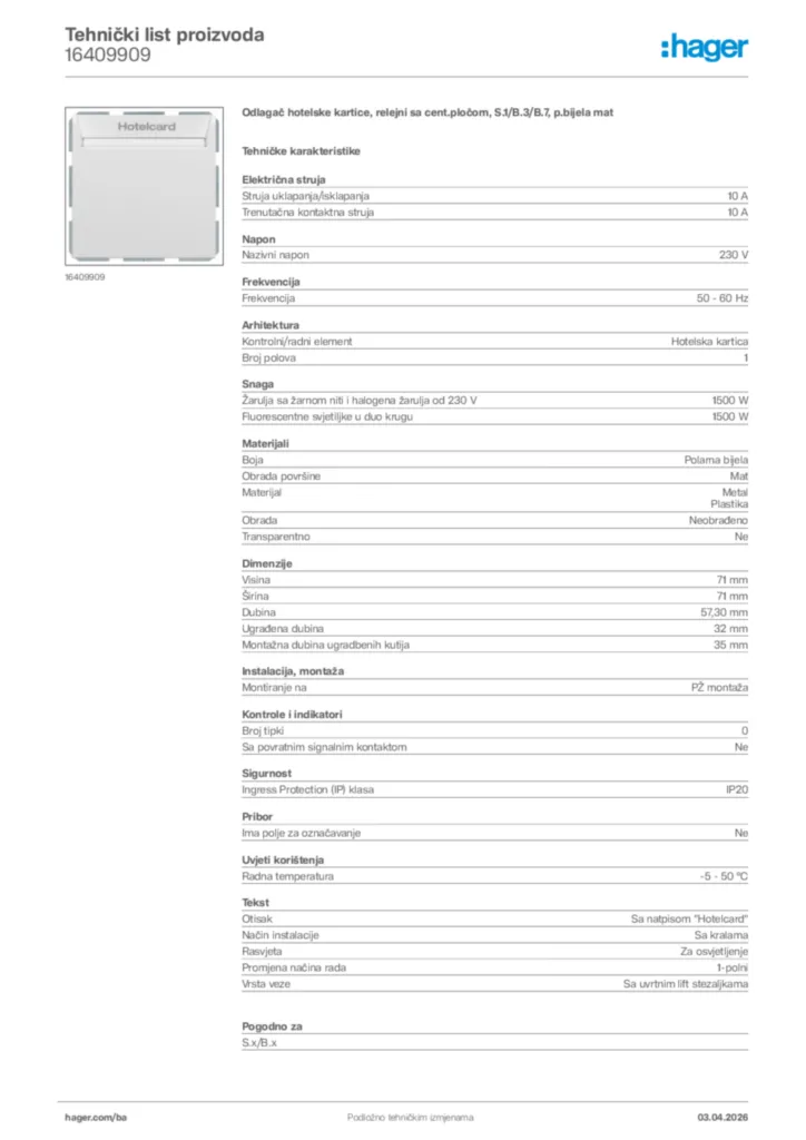 Slika Hager Tehnički list proizvoda 16409909  | Hager
