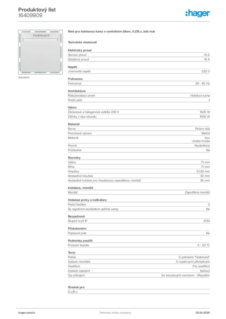 Obrázek Hager Product data sheet 16409909 | Hager