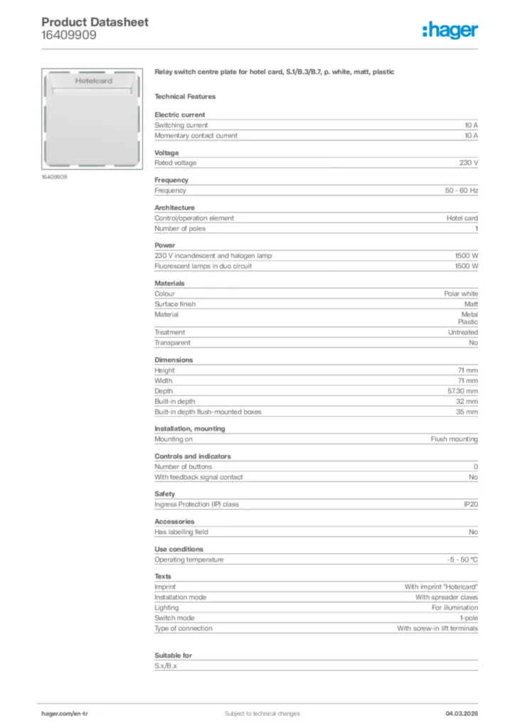 Image Hager Product data sheet 16409909  | Hager