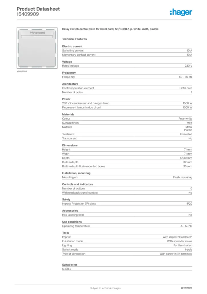 Image Hager Product data sheet 16409909  | Hager
